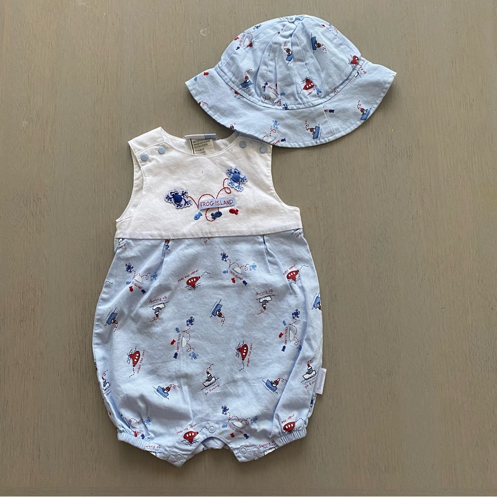 2pc Baby Romper & Hat Outfit Size 6-9M Months Frog Island Blue